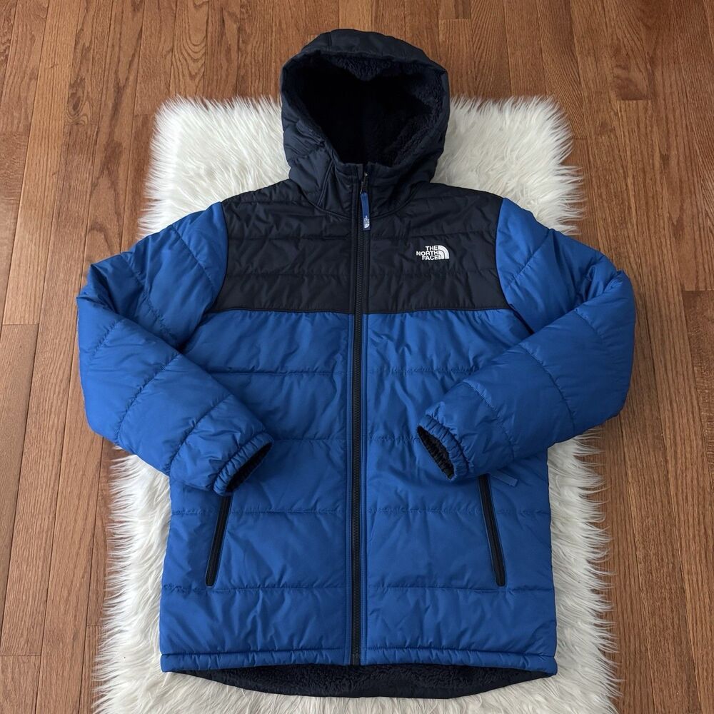 The North Face Reversible Puffer Coat Boys XL 18/20 Blue Hooded Sherpa Lined Zip